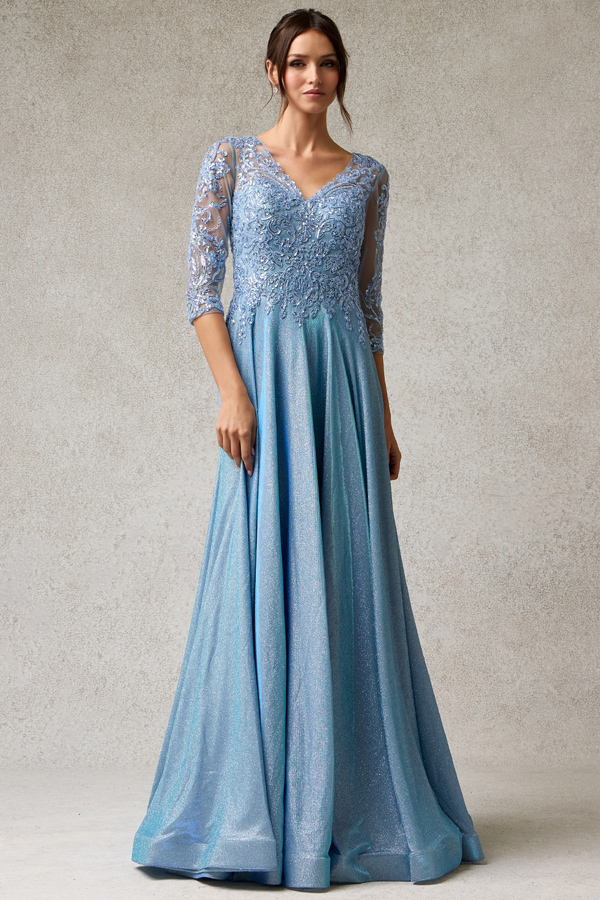 Sheer 3 Quarter Sleeve Metallic A Line MoB Dress